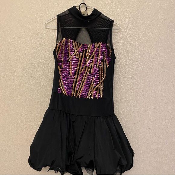 Weissman Dance costume dress black purple sequin Check Me Out 12418 child LC - Picture 2 of 10